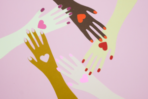 Graphic of five hands of five different ethnicities, reaching out to one another each with a heart on their hand.